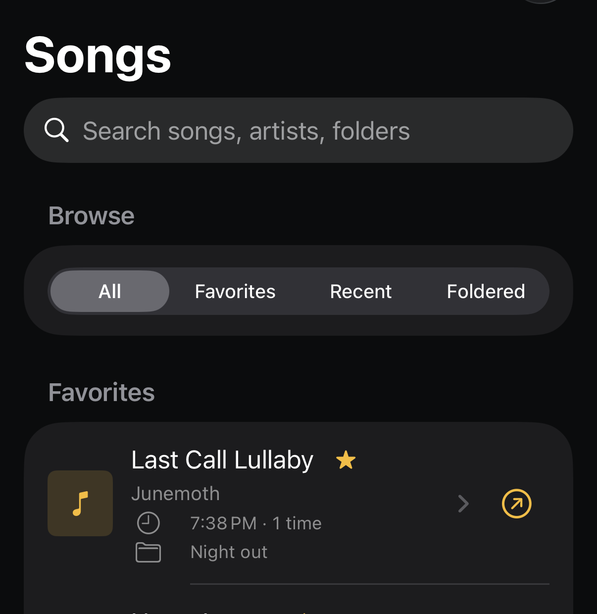 EavesJam Songs screen showing favorites, folders, and recent songs.