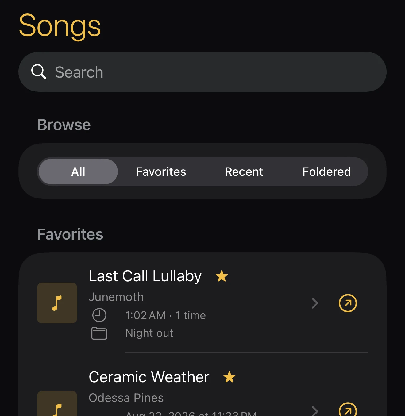 EavesJam Songs screen showing favorites, folders, and recent songs.