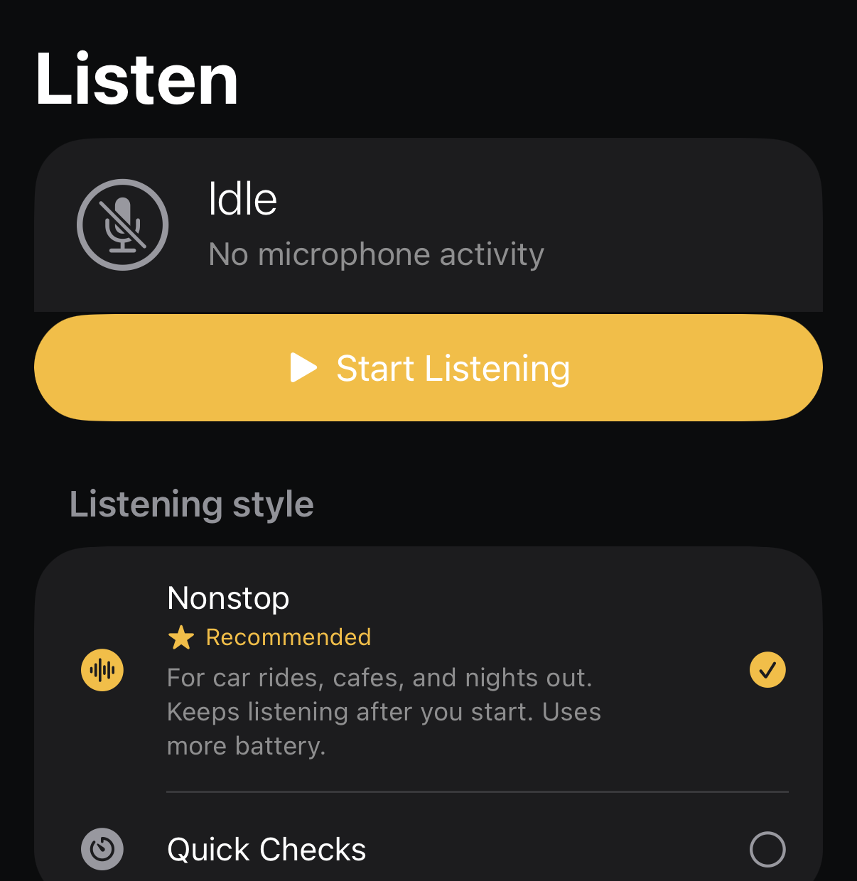 EavesJam Listen screen with focused and lighter listening choices.