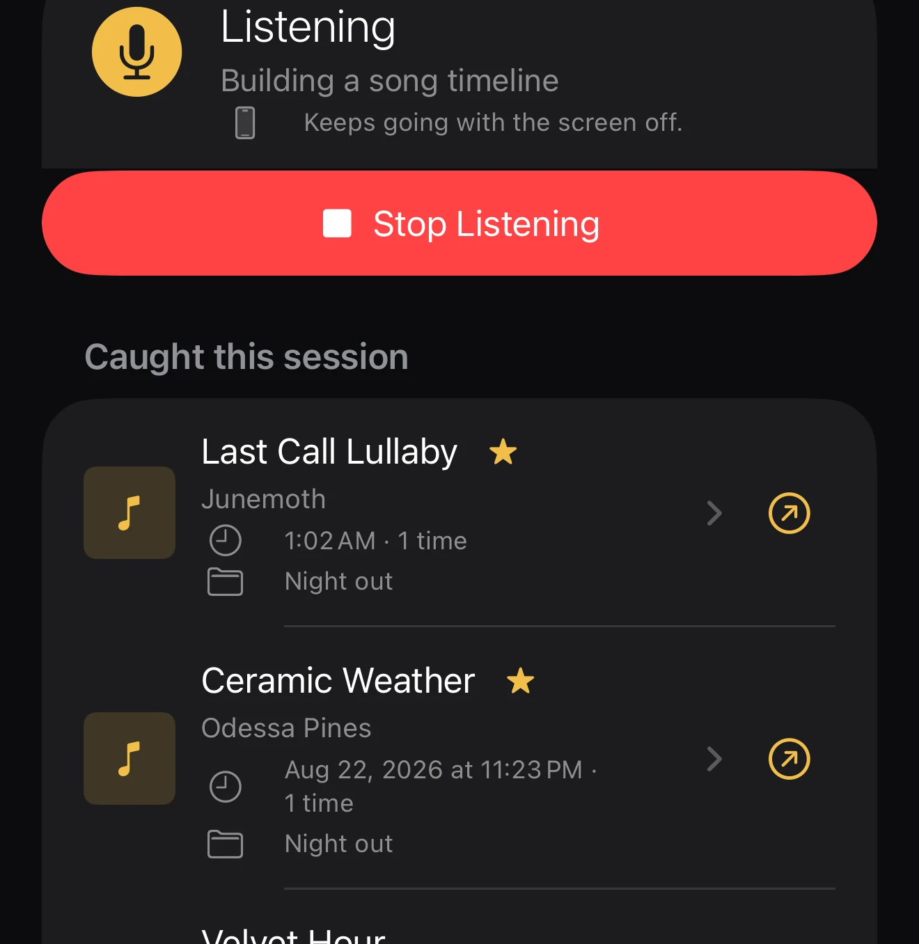 The EavesJam Listen screen during an active session, with a visible Stop button.