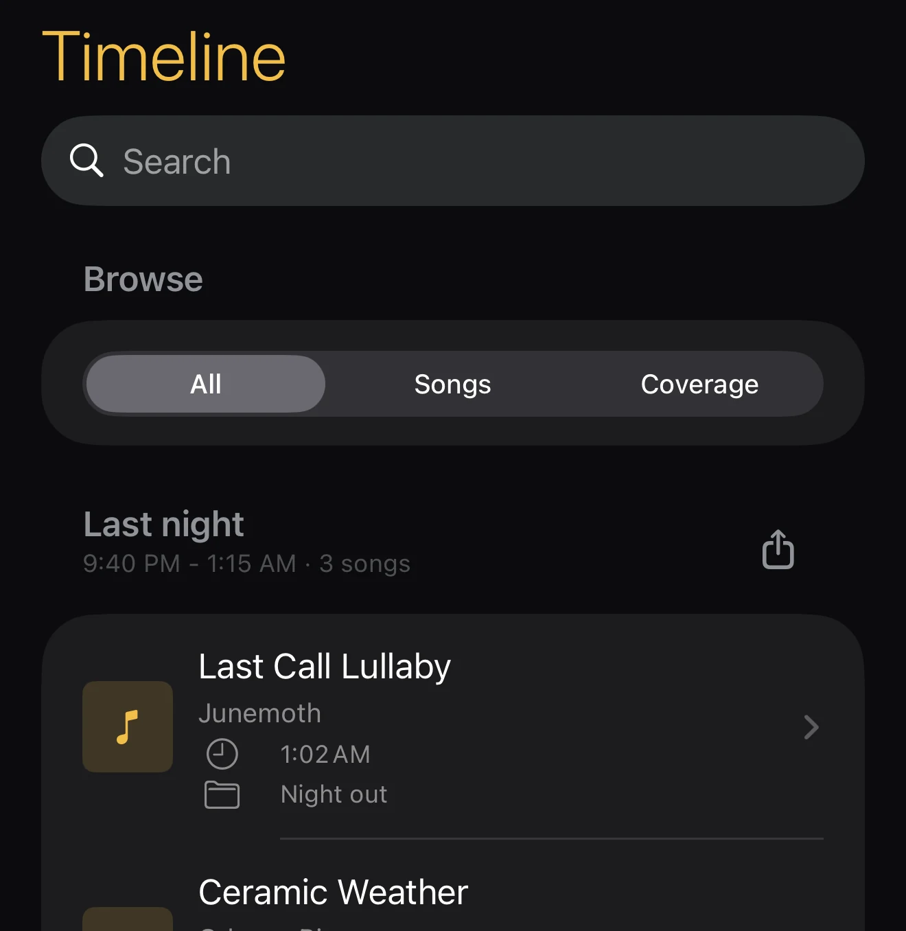 EavesJam Timeline screen showing one outing grouped into a named chapter with its time span.
