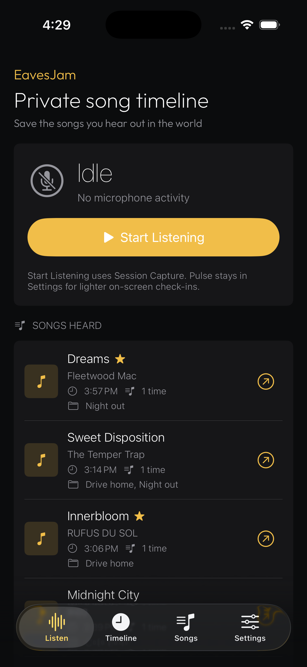 EavesJam Listen screen showing a focused listening session.
