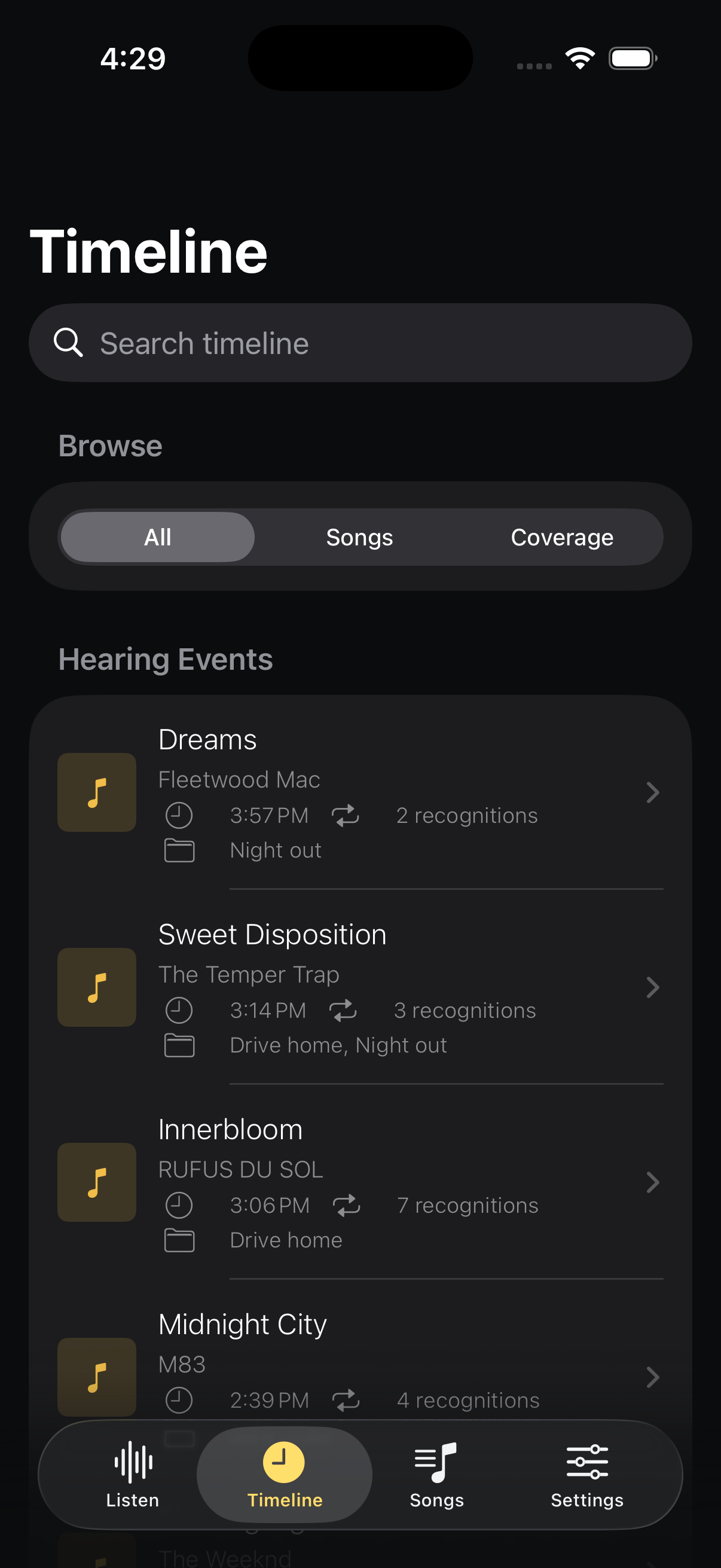 EavesJam timeline showing recognized songs and hearing events.